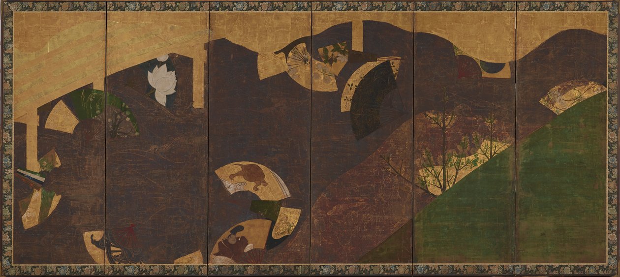 Enredaderas de hiedra, puentes y abanicos flotantes, período Momoyama o Edo, principios del siglo XVII de Sôtatsu