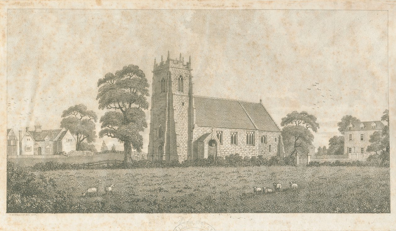 Iglesia de Adbaston (grabado en línea y puntillismo) de Stebbing Shaw