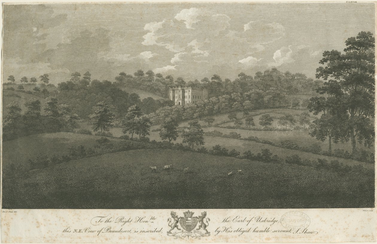 Beaudesert Hall y Parque: grabado en acero de Stebbing Shaw