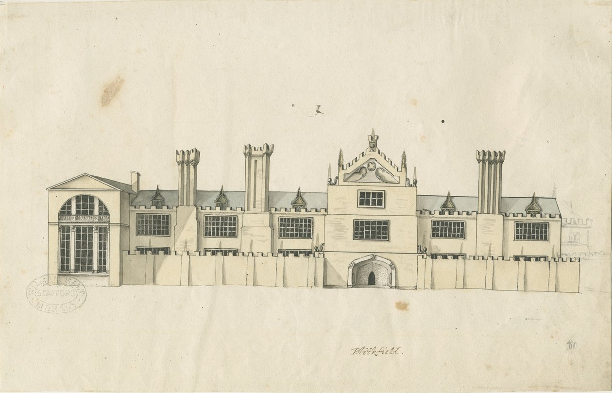 Blithfield Hall: dibujo a pluma tintada, nd [siglo XVIII] de Stebbing Shaw
