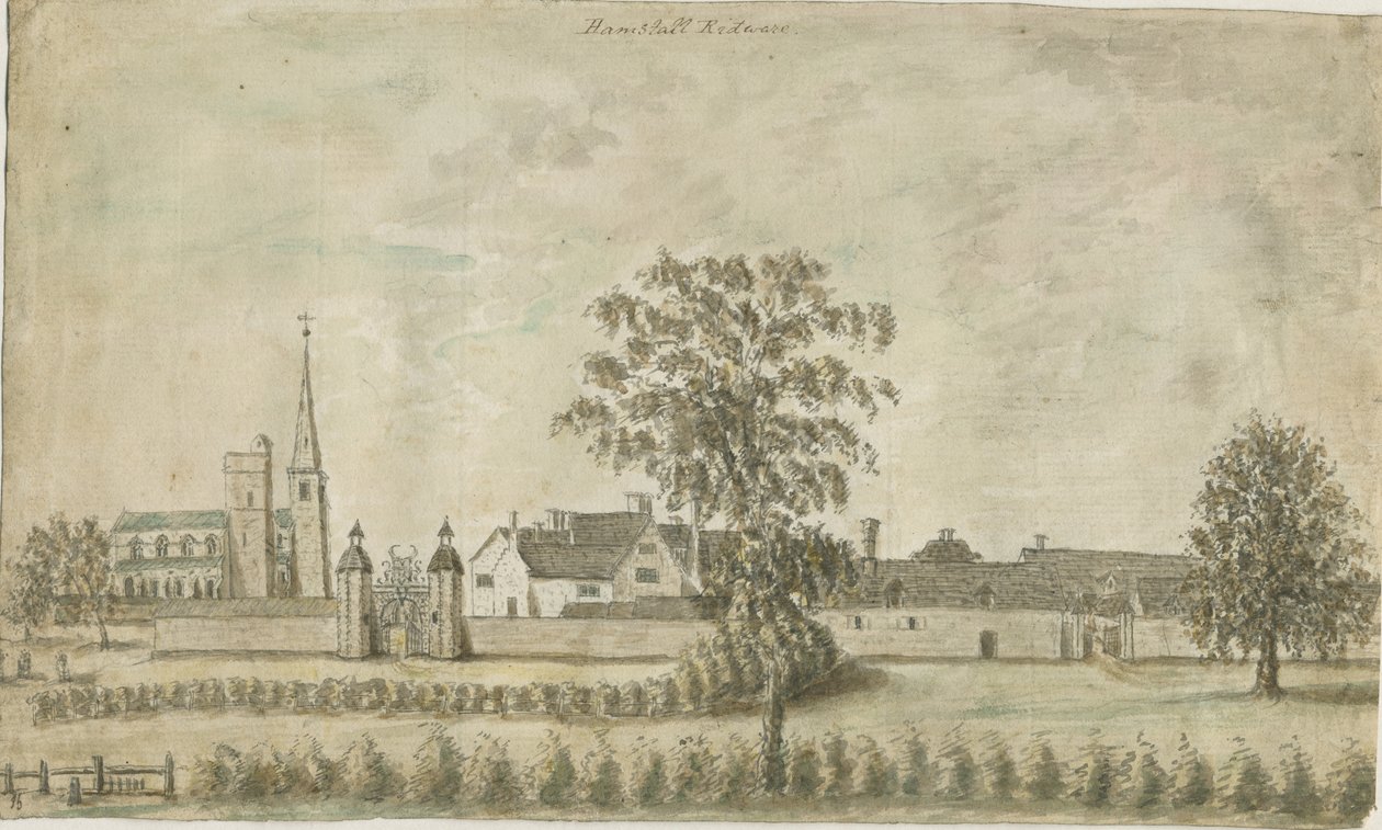 Hamstall Ridware - Iglesia y Casa Solariega: pintura en acuarela, nd [1762-1802] de Stebbing Shaw