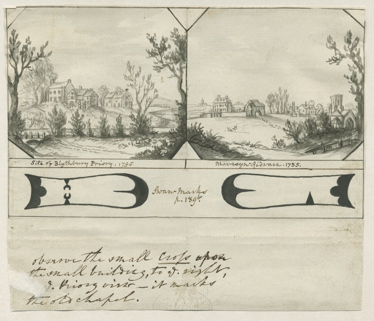 Mavesyn Ridware - Sitio del Priorato de Blythbury: dibujo en tinta india, 1795 de Stebbing Shaw