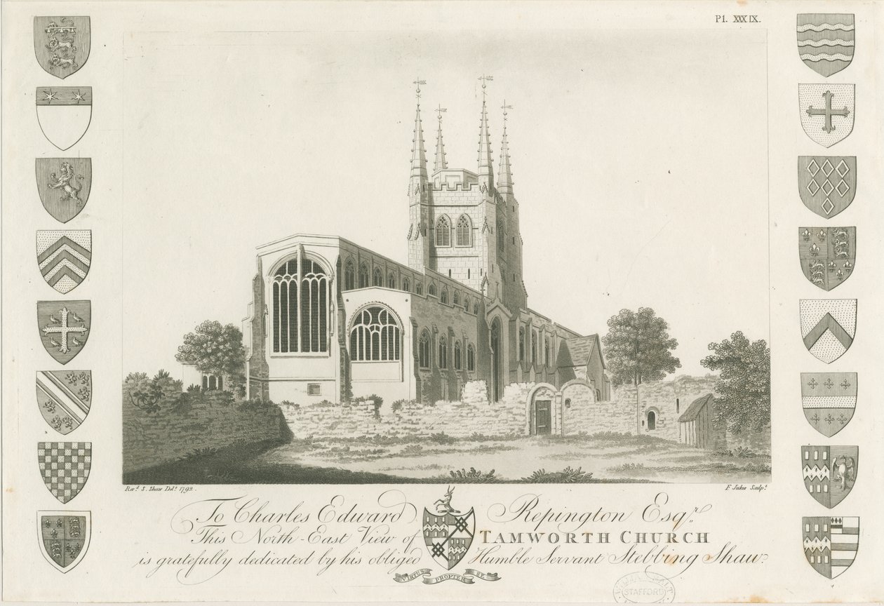 Iglesia de Tamworth: grabado en aguatinta, 1792 de Stebbing Shaw