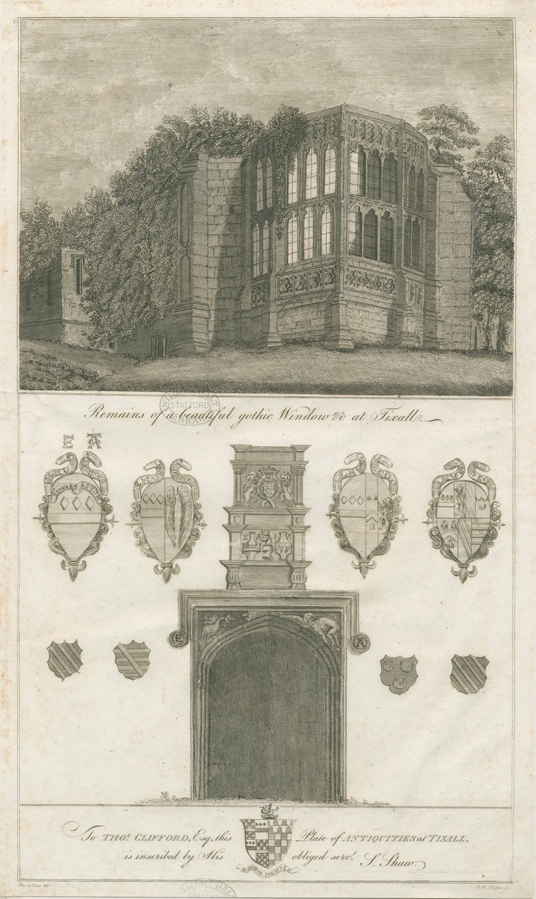 Tixall Hall - Ventana Gótica y Antigüedades Heráldicas de Stebbing Shaw