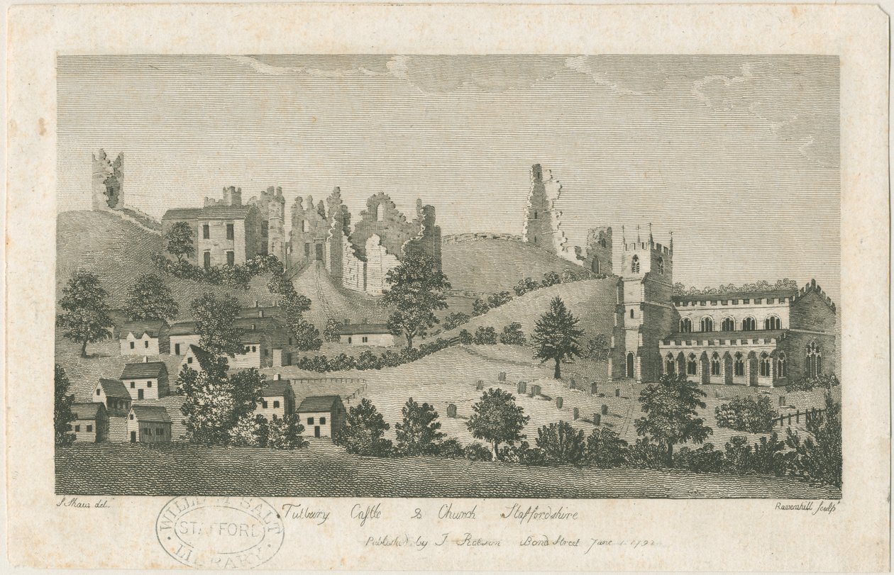 Castillo y iglesia de Tutbury - Vista sureste: grabado, nd [1762-1792] de Stebbing Shaw