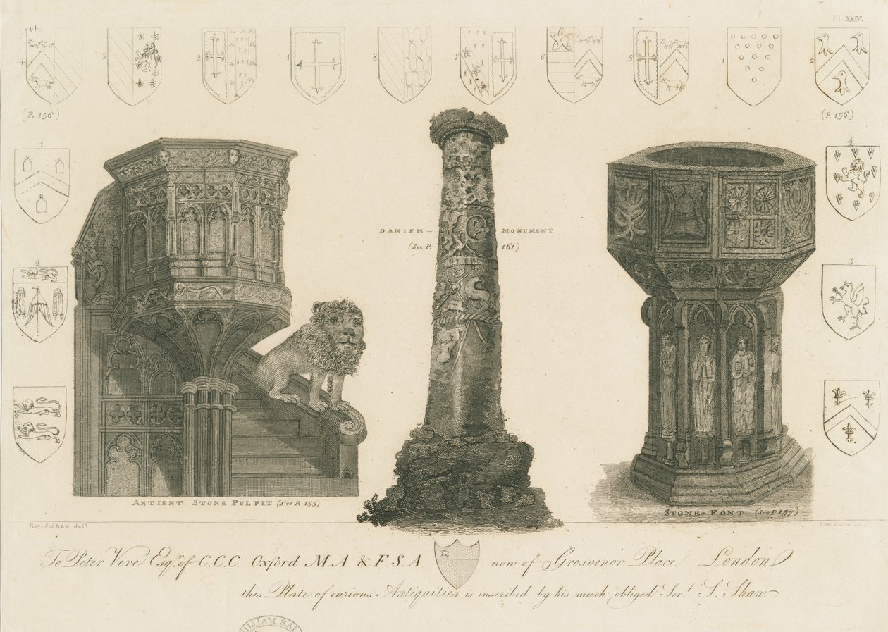 Wolverhampton - Púlpito, pilar y pila bautismal en la iglesia de St. Peter: grabado, nd [c 1798] de Stebbing Shaw