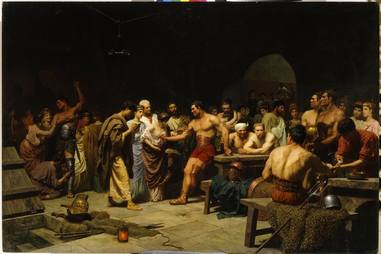 Los Gladiadores antes de una aparición en la Arena. Los patricios romanos visitan y evalúan el físico de los gladiadores antes del combate, las mujeres adulan y felicitan a los luchadores. Pintura de Stepan ( de Stefan Vladislavovich Bakalowicz