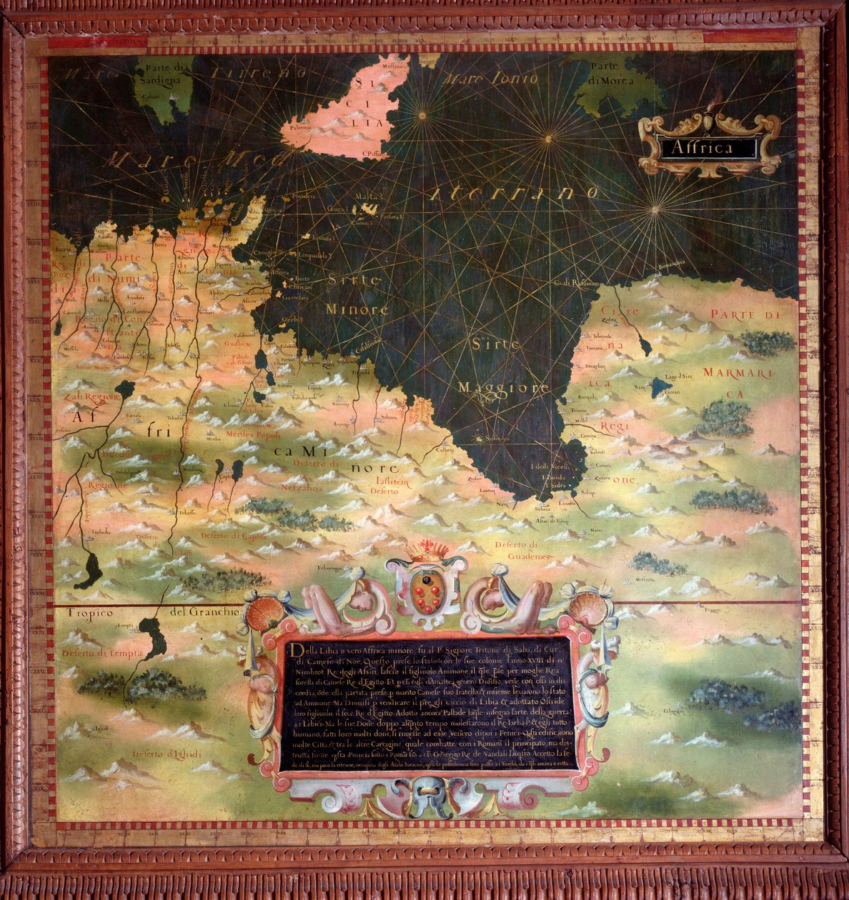 Mapa de África del Norte: Región de Cirenaica y Marmárica hecho por Stefano Bonsignori (? -1589) cosmógrafo y pintor italiano. Alrededor de 1581. Florencia, Palazzo Vecchio, Sala del Mappamondo de Stefano Buonsignori