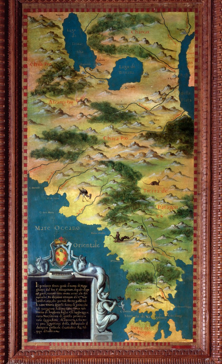 Chile y el estrecho de Magallanes (Mapa realizado por Stefano Bonsignori, alrededor de 1581, Florencia, Palazzo Vecchio, Sala del Mappamondo) de Stefano Buonsignori