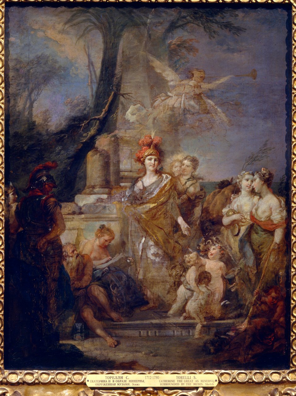 La emperatriz Catalina II (1729-1796) como Minerva en el círculo de las musas. Pintura de Stefano Torelli (1712-1784), óleo sobre lienzo. arte italiano de Stefano Torelli