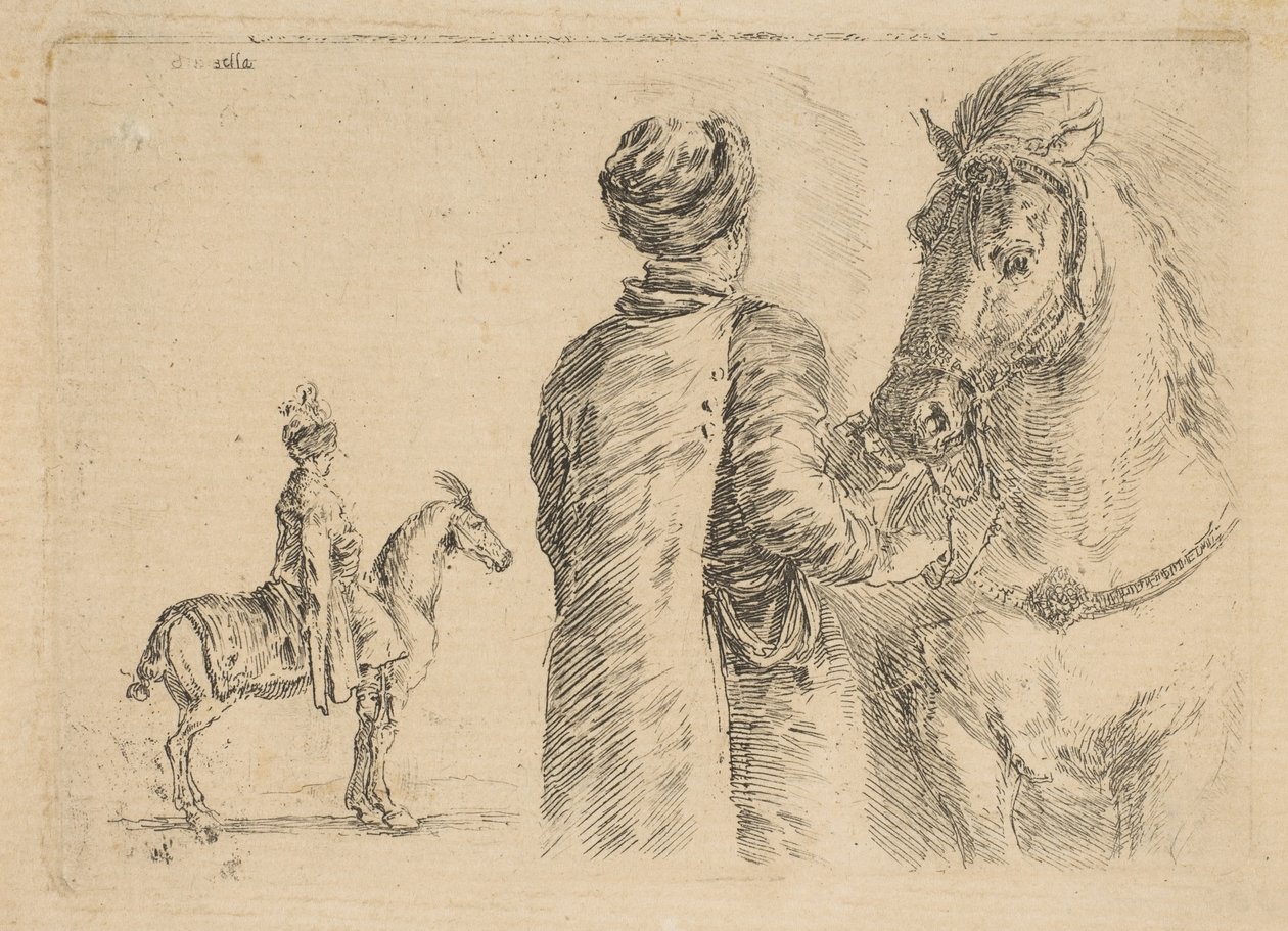 Un mozo polaco, de espaldas, sosteniendo un caballo por la brida, ca. 1662 de Stefano della Bella