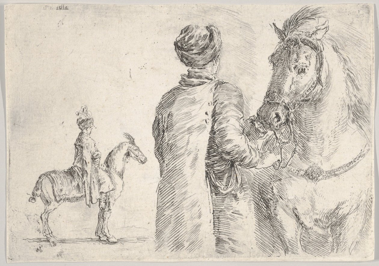 Un ayuda de cámara polaco, visto desde atrás, sosteniendo las riendas de un caballo a la derecha, un caballo polaco..., ca. 1662 de Stefano della Bella