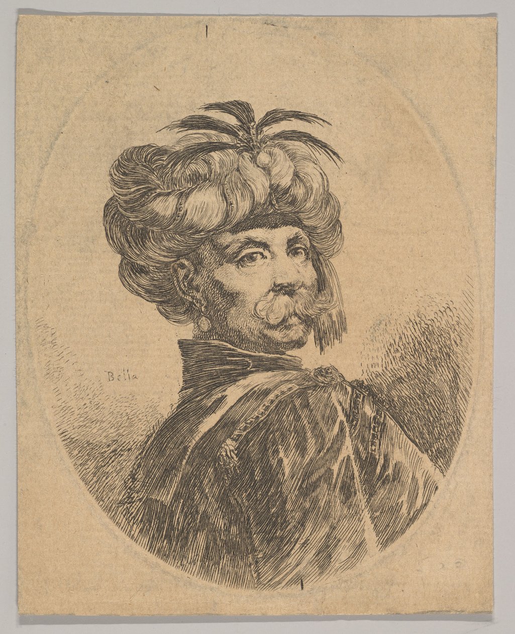 Un hombre turco con bigote, usando un turbante decorado con cinco plumas de garza, 1650 de Stefano della Bella