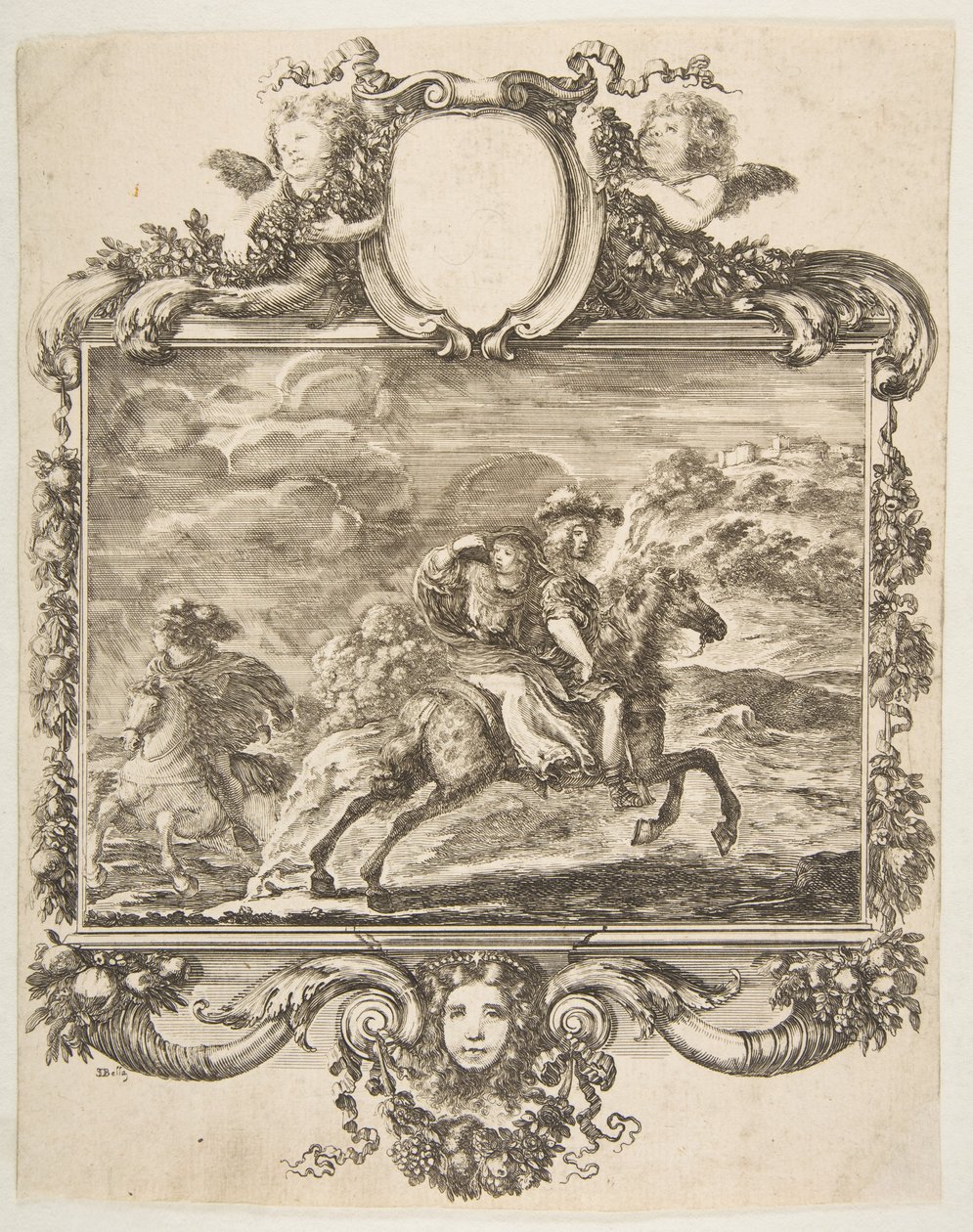 Un caballero y una dama a caballo, dentro de un borde ornamentado decorado con frutas de Stefano della Bella