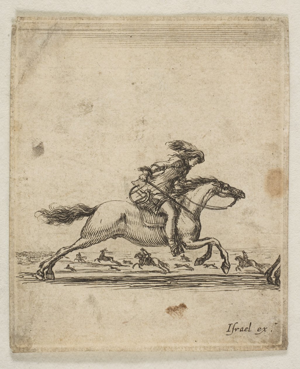 Jinete con espada en mano galopando hacia la derecha, otros jinetes galopando..., ca. 1645-46 de Stefano della Bella
