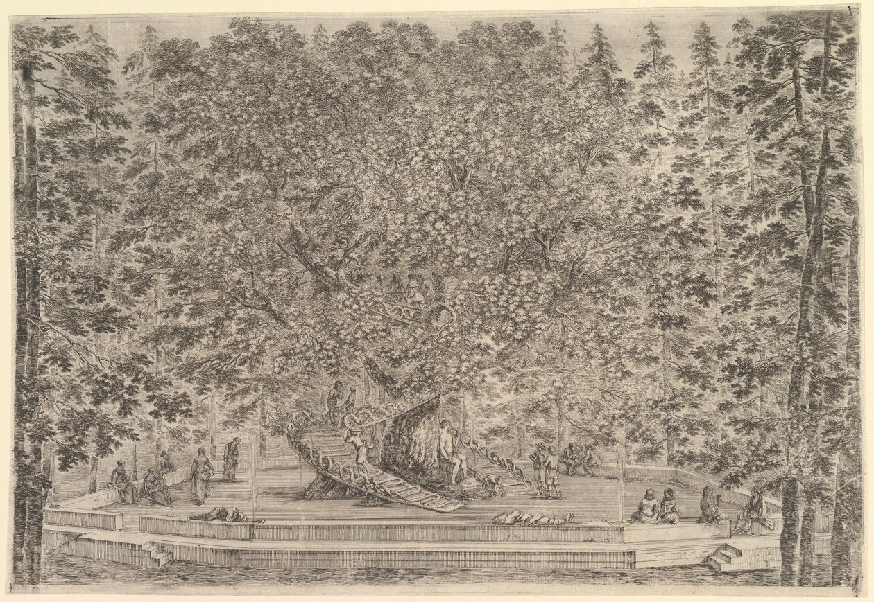 Un gran árbol habitado en el centro con rampas alrededor del tronco, abajo un patio de piedra..., ca. 1653 de Stefano della Bella