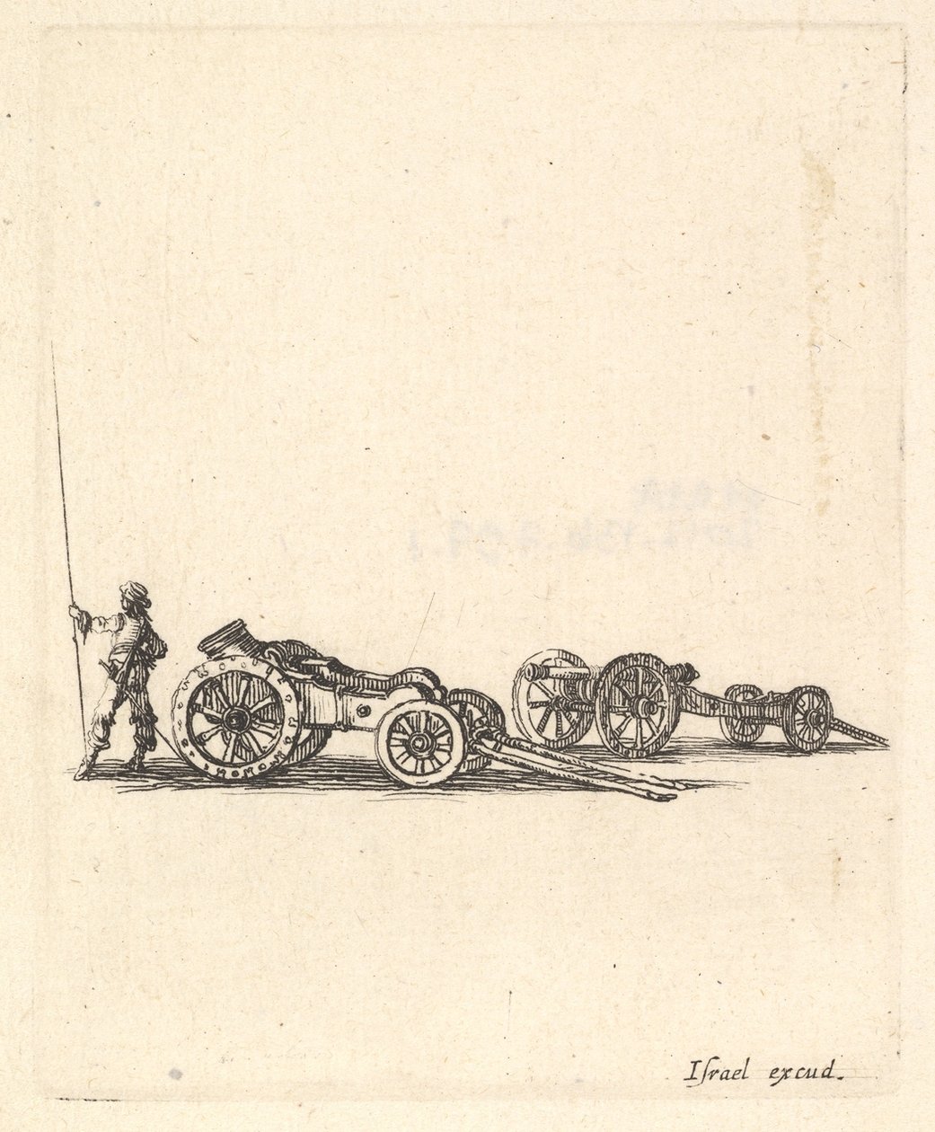 Un mortero y un cañón, ambos montados en carruajes, un soldado mostrado de espaldas, ca. 1638-43 de Stefano della Bella