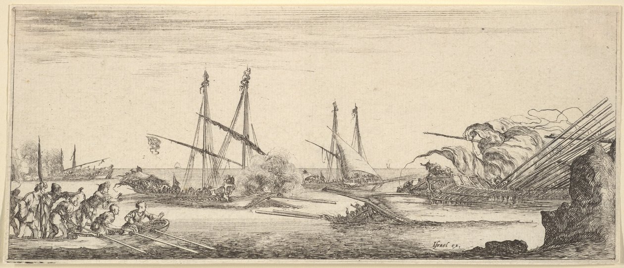 Una batalla naval, un bote lleno de hombres a la izquierda, un barco hundiéndose a la derecha, dos galeras en el fondo, ca. 1641 de Stefano della Bella