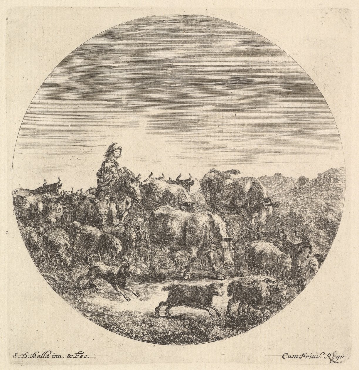 Una campesina sentada en un caballo a la izquierda, mirando a la derecha, rodeada de un rebaño, ca. 1643-48 de Stefano della Bella