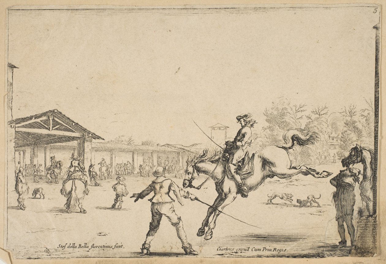 Una escuela de equitación, un jinete con espada saltando dirigido por otro hombre con una espada, ca. 1645 de Stefano della Bella