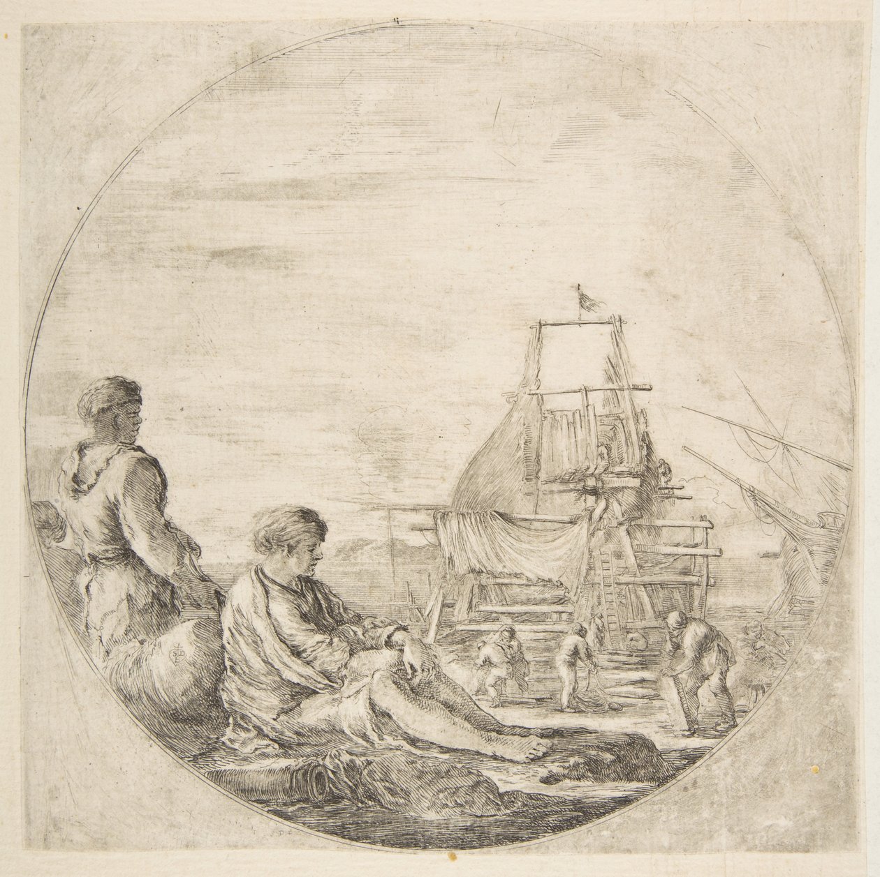 Un marinero blanco sentado y un marinero negro de pie, personas construyendo un barco en el fondo..., ca. 1660 de Stefano della Bella