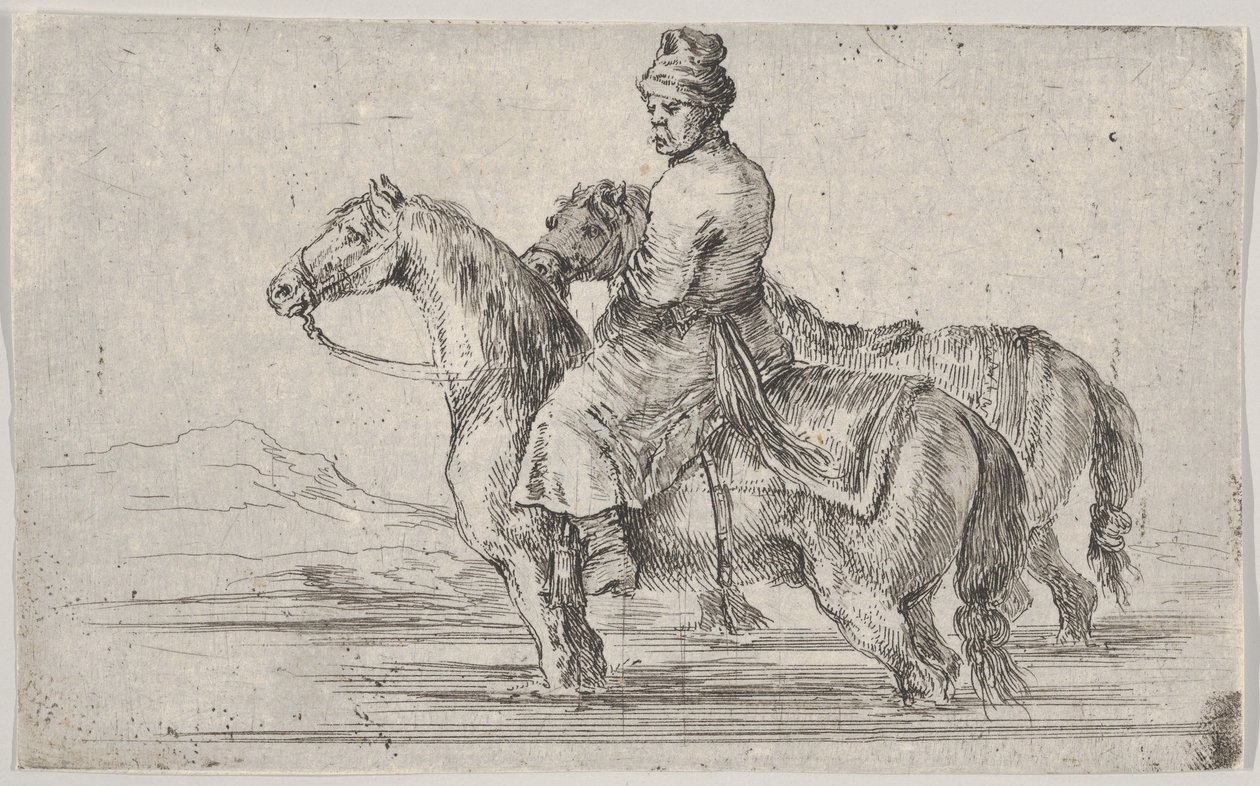 Un ayuda de cámara llevando dos caballos a bañarse, sentado sobre uno en un río, el otro al lado..., ca. 1662 de Stefano della Bella