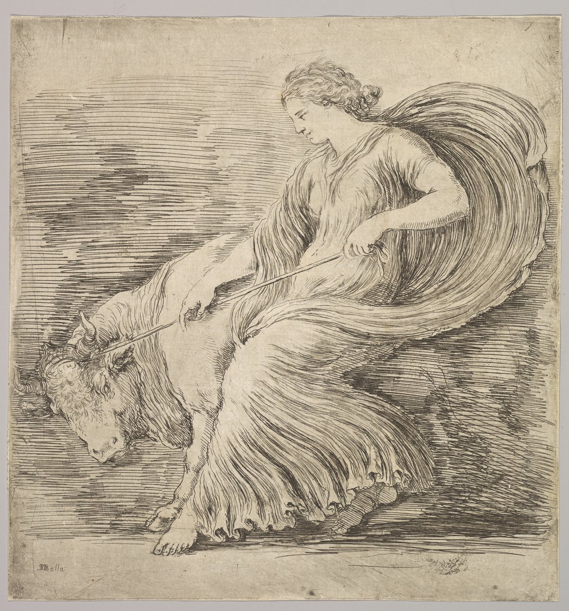 Una mujer de perfil tirando de una cuerda atada alrededor de los cuernos de un joven toro, ca. 1660 de Stefano della Bella