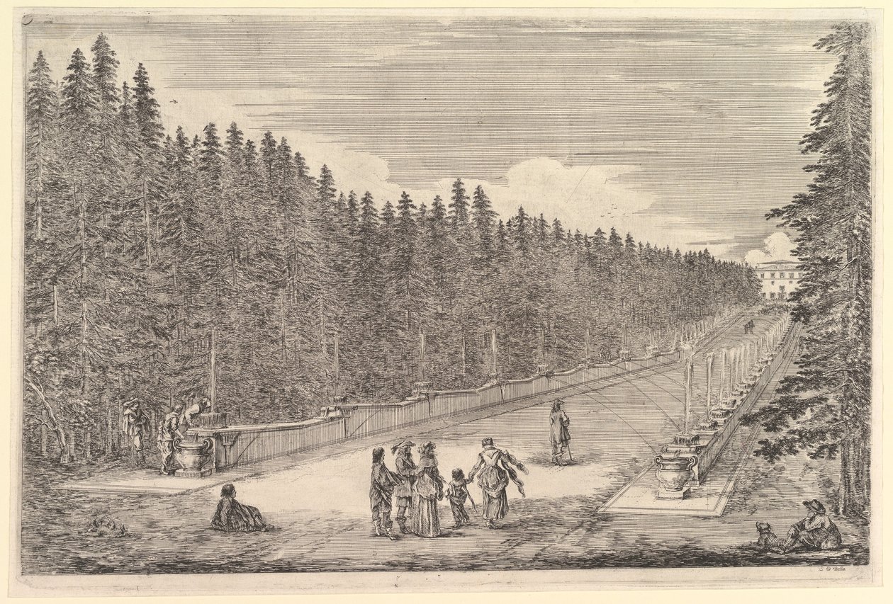 Una callejuela con fuentes, un grupo de personas, de «Vistas de la villa de Pratolino» (Vues de la villa de Pratolino) de Stefano della Bella