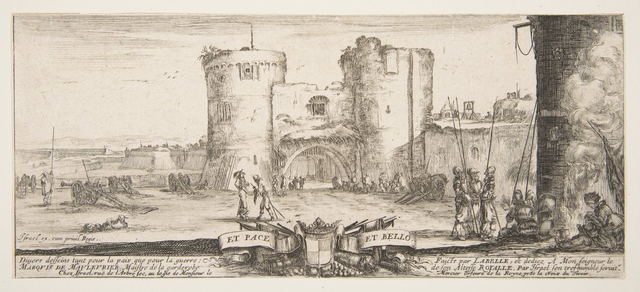 Entrada a una fortaleza en el centro, una mujer con un niño sentada junto a un fuego a la derecha, ca. 1641 de Stefano della Bella