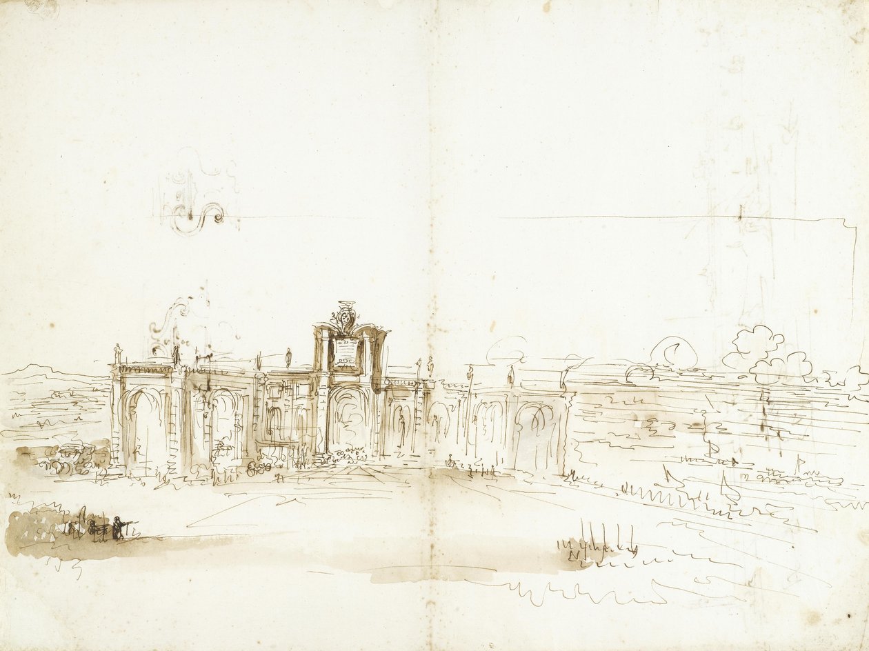 Vista del puerto de Livorno con un edificio que luce el escudo de los Medici [anverso]; vista del puerto y dos bocetos ornamentales [reverso] de Stefano della Bella