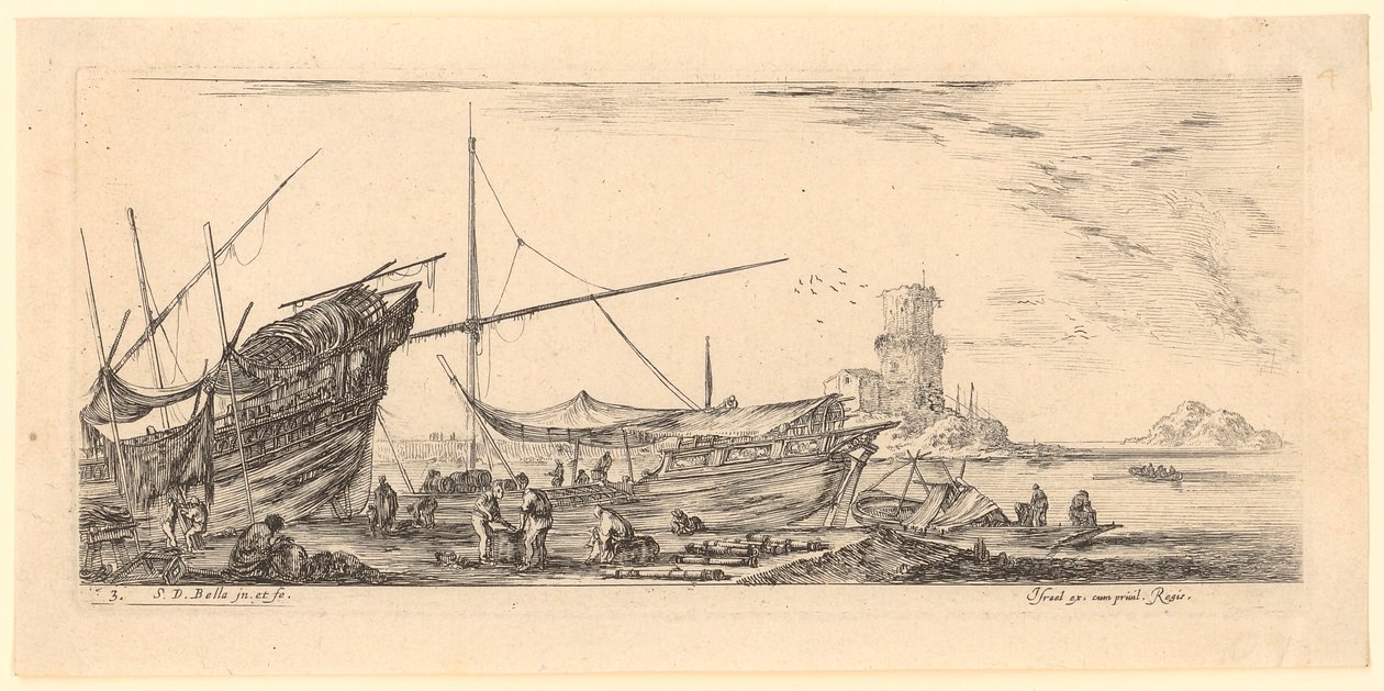 Vista de un puerto con galeras y trabajadores de Stefano della Bella