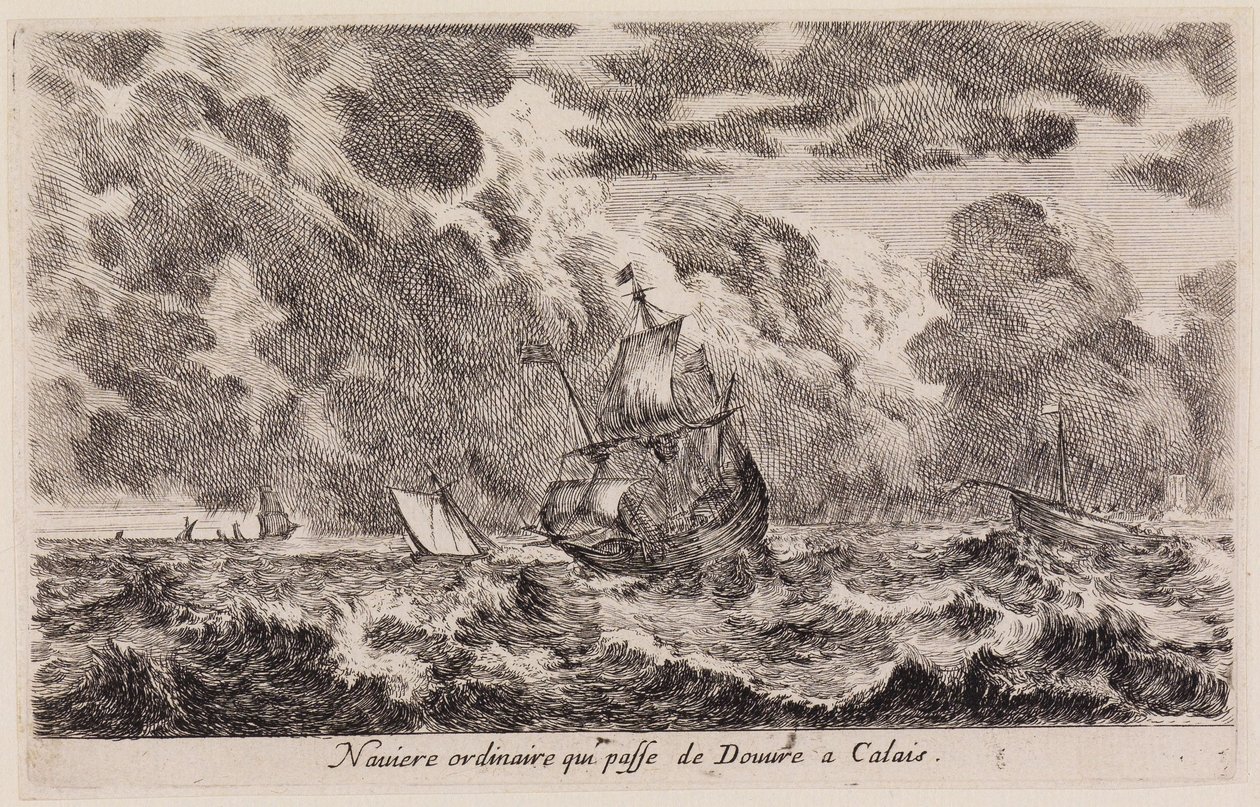 Vistas de puertos marítimos (Vues de ports de mer): velero que navega de Dover a Calais de Stefano della Bella