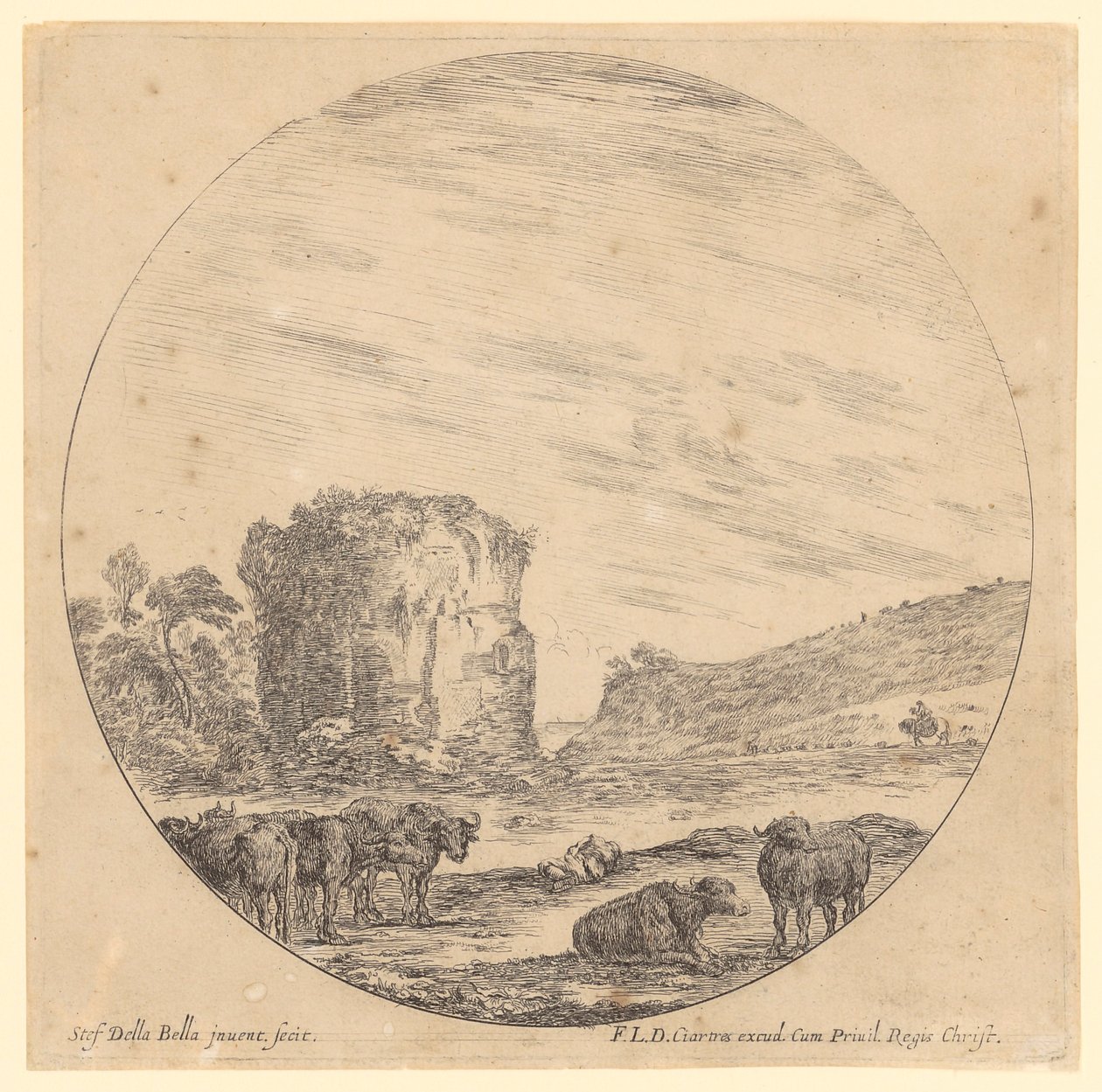 Ruina de templo antiguo con búfalos echados y un jinete al fondo de Stefano della Bella