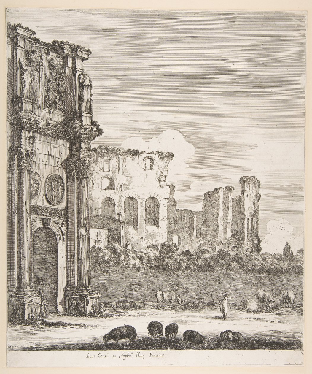 Arco de Constantino y Coliseo con ovejas pastando en primer plano, de «Seis grandes vistas, cuatro de Roma y dos de la Campaña romana» (Seis grandes vistas, de las cuales cuatro de Roma y dos de la Campaña romana) de Stefano della Bella