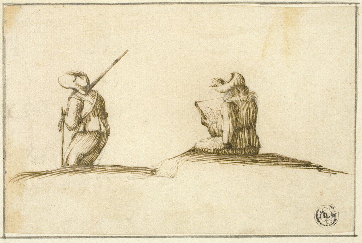 Artista dibujando y soldado, ambos vistos de espaldas de Stefano della Bella