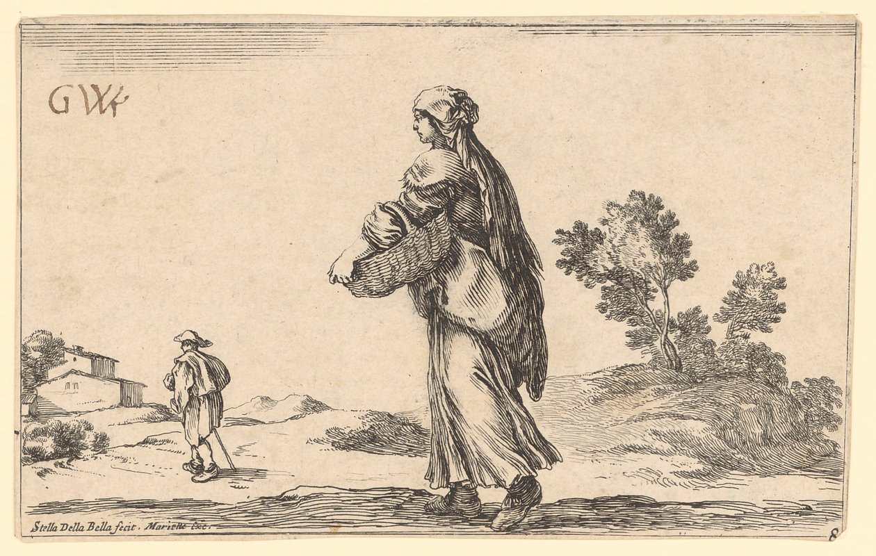 Una campesina con una cesta, vista de perfil hacia la izquierda; delante de ella, mirando hacia la izquierda, un viajero de Stefano della Bella