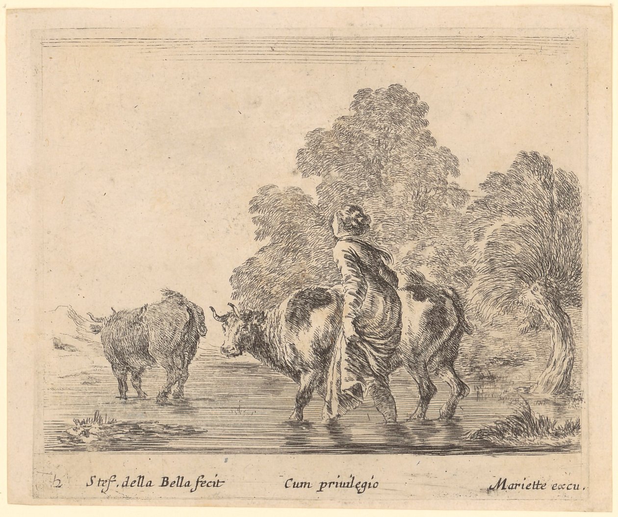 Campesina cruzando un río con dos vacas de Stefano della Bella