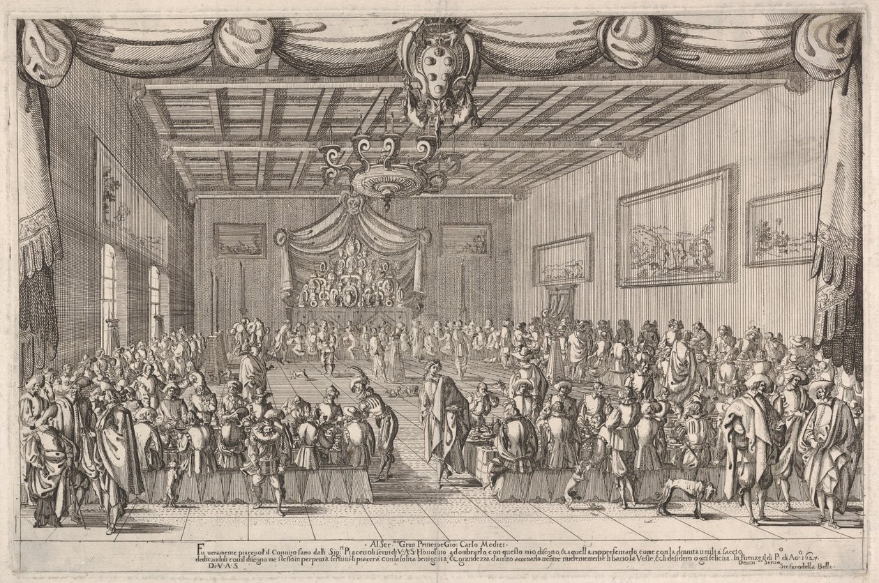 Banquete de los Piacevoli, con el escudo de armas de los Medici en la parte superior central de Stefano della Bella