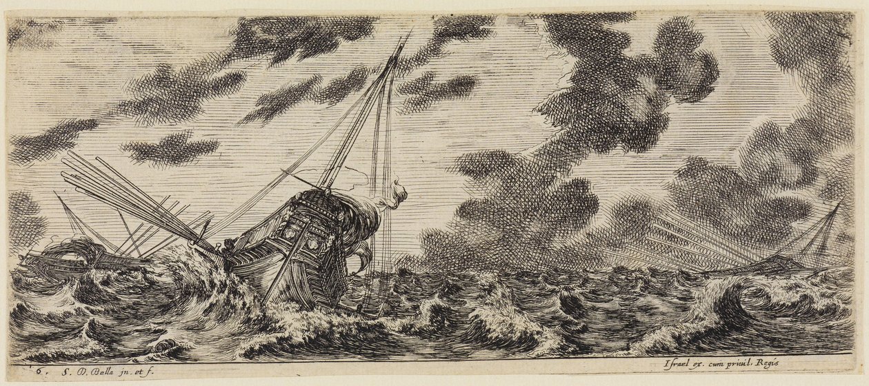 Carga de diferentes barcos (Divers embarquements): Tres galeras en medio de una tormenta de Stefano della Bella
