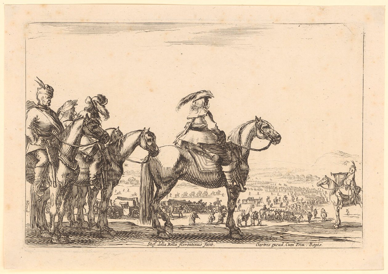 Comandante a caballo, con la caballería detrás de él, lámina n.º 3 de la serie «Figuras diversas» de Stefano della Bella