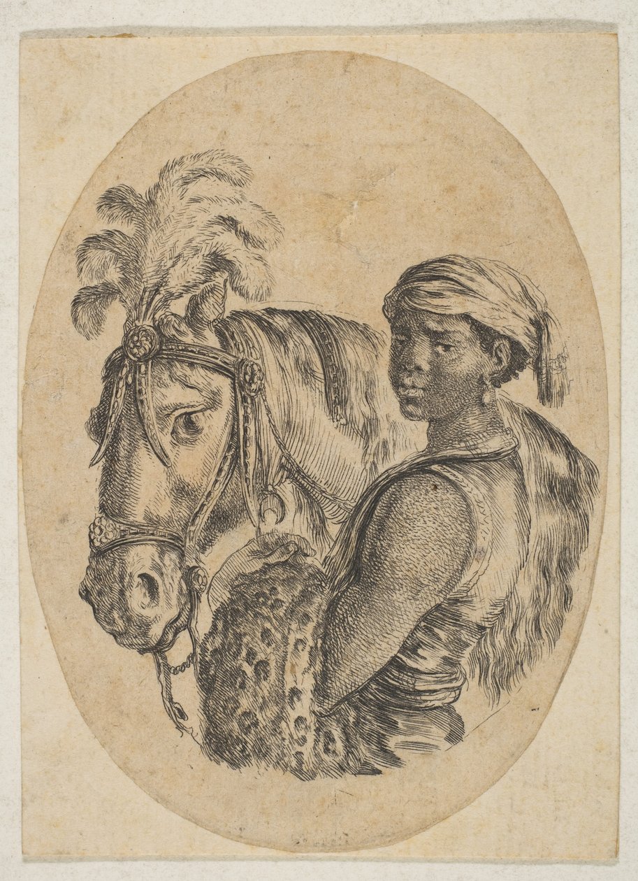 Esclavo negro lleva una piel de leopardo y sostiene las riendas de un caballo, de Varias cabezas..., 1649-50 de Stefano della Bella