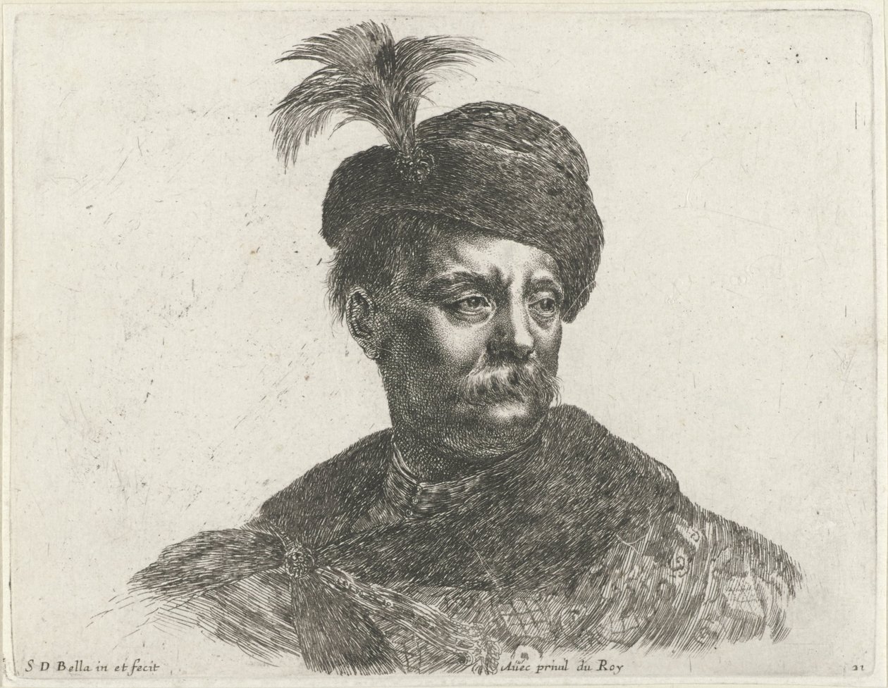 Busto de hombre polaco con bigote y gorra con penacho
Los principios del dibujo (título de la serie)
I principii del disegno (título de la serie) de Stefano della Bella