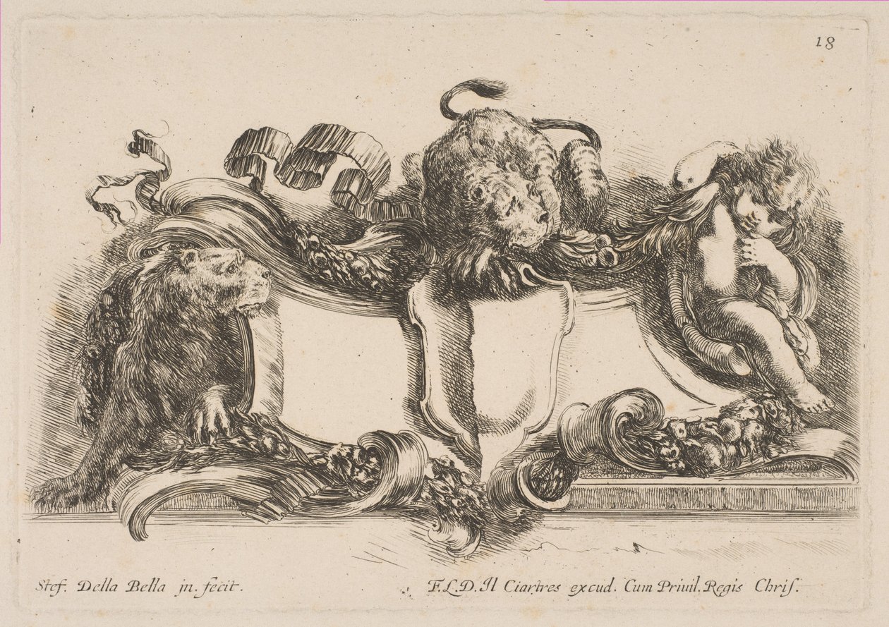 Cartucho Conteniendo un Escudo Vacío Coronado por un León y Enmarcado por un León y un Niño, 1646 de Stefano della Bella
