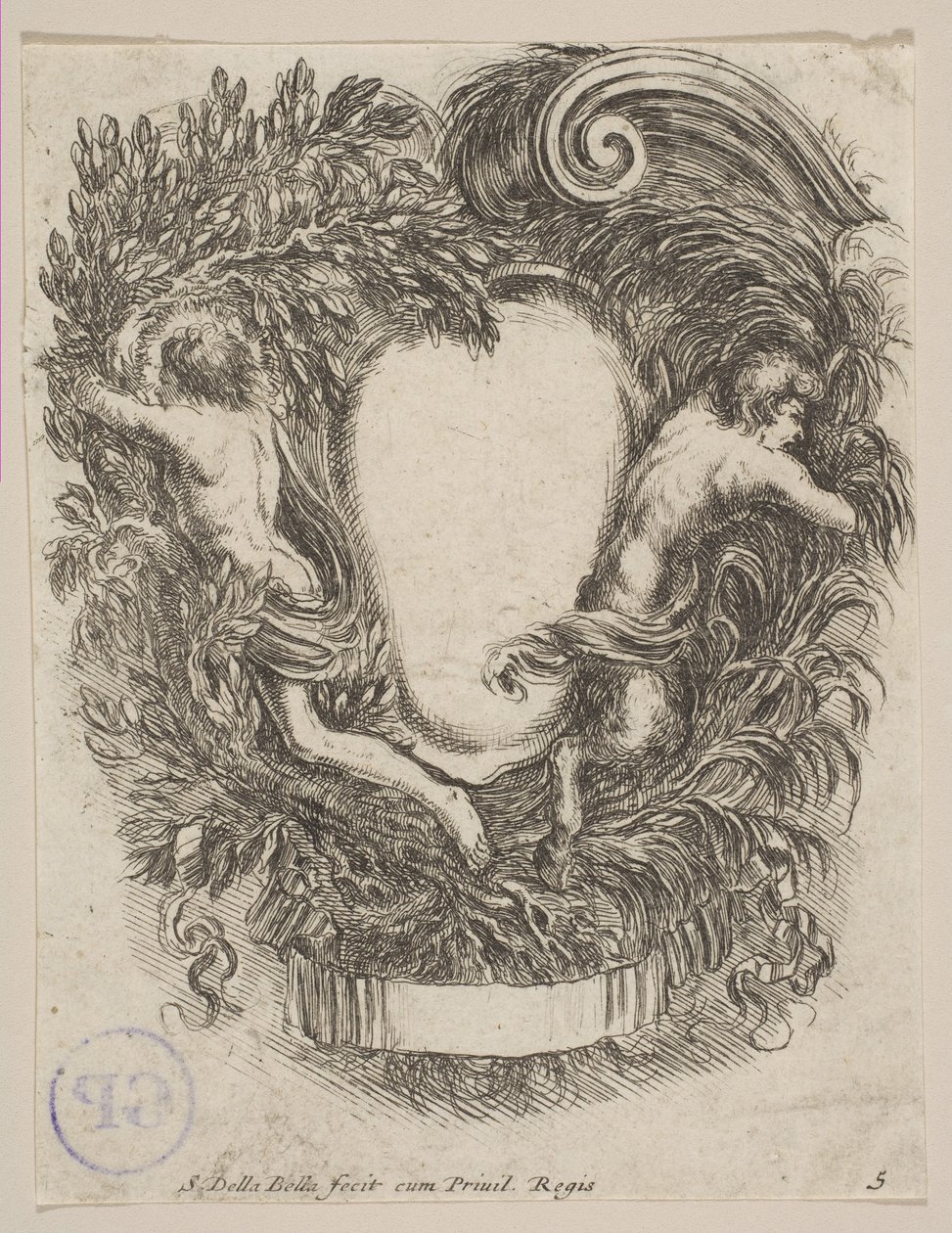 Cartucho enmarcado por Apolo y Pan, 1647 de Stefano della Bella