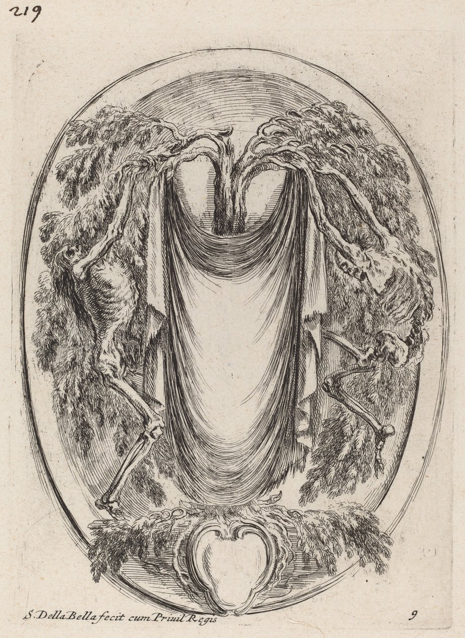 Cartucho en forma de cortina suspendida de un ciprés flanqueado por esqueletos, 1647 de Stefano della Bella