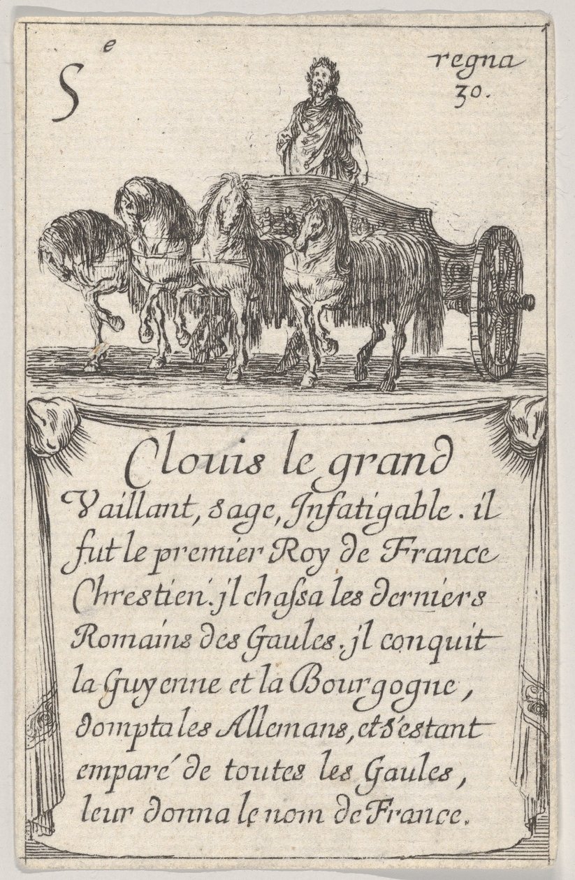 Clovis el grande Vaillant, sabio..., del Juego de los Reyes de Francia Jeu des Rois de F..., 1644 de Stefano della Bella