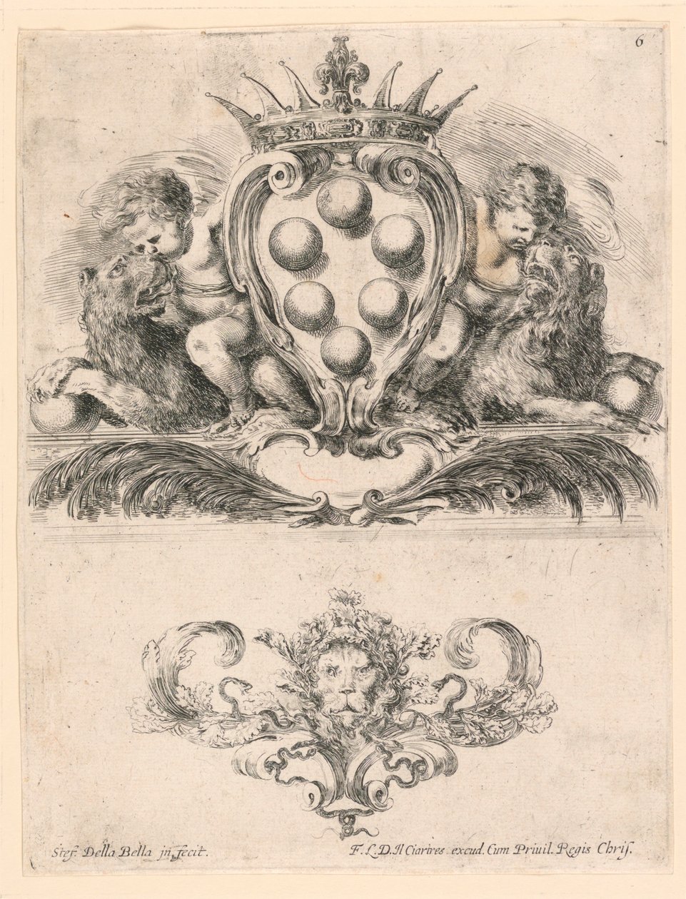 Escudo de Armas del Gran Duque de Toscana: Ornamento con una Máscara de León, No. 6 de "Raccolta di varii cappriccii et nove inventioni di cartelle et ornamenti" de Stefano della Bella