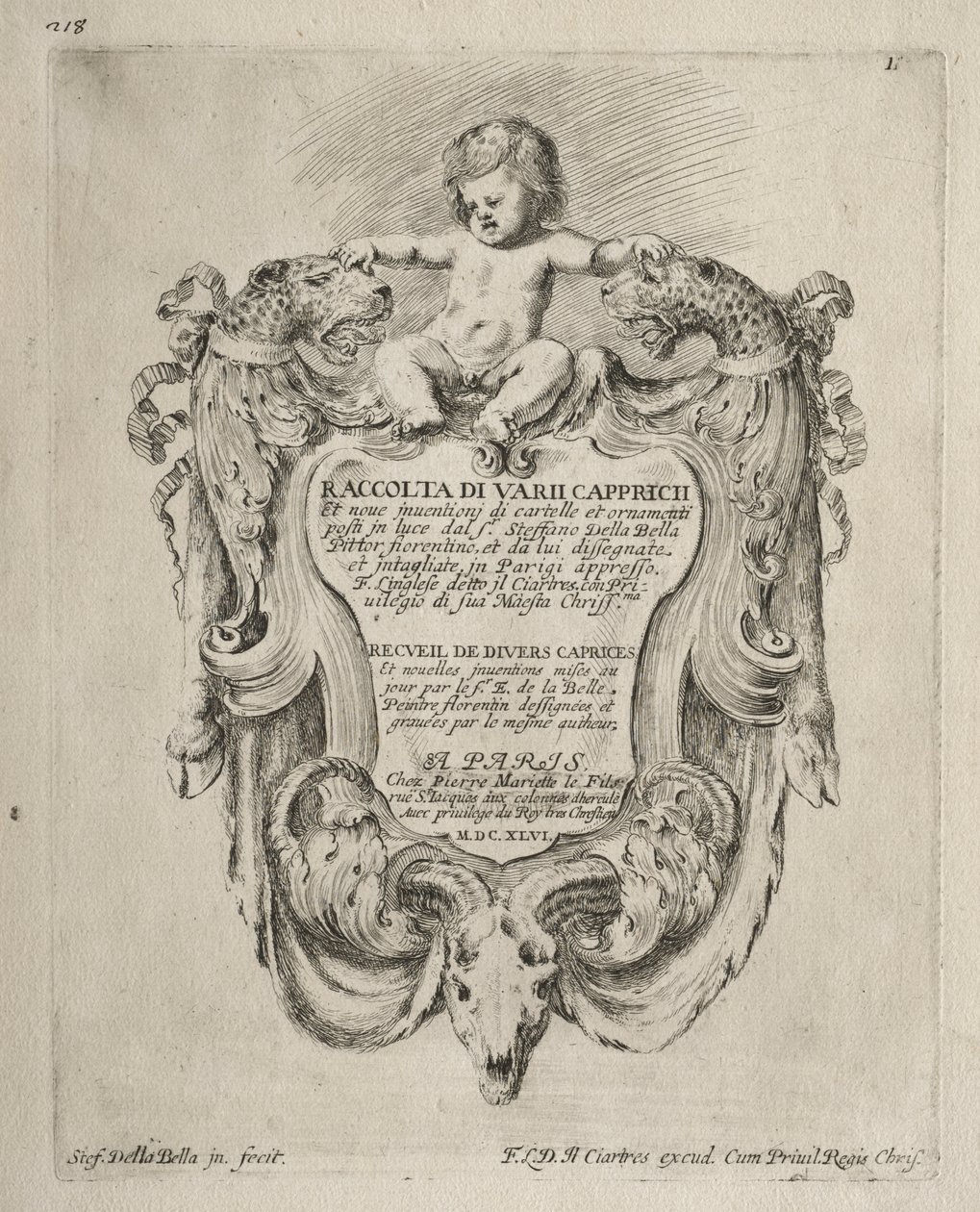 Colección de varios caprichos y nuevos diseños de cartuchos y ornamentos: No 1, Página del título de Stefano della Bella