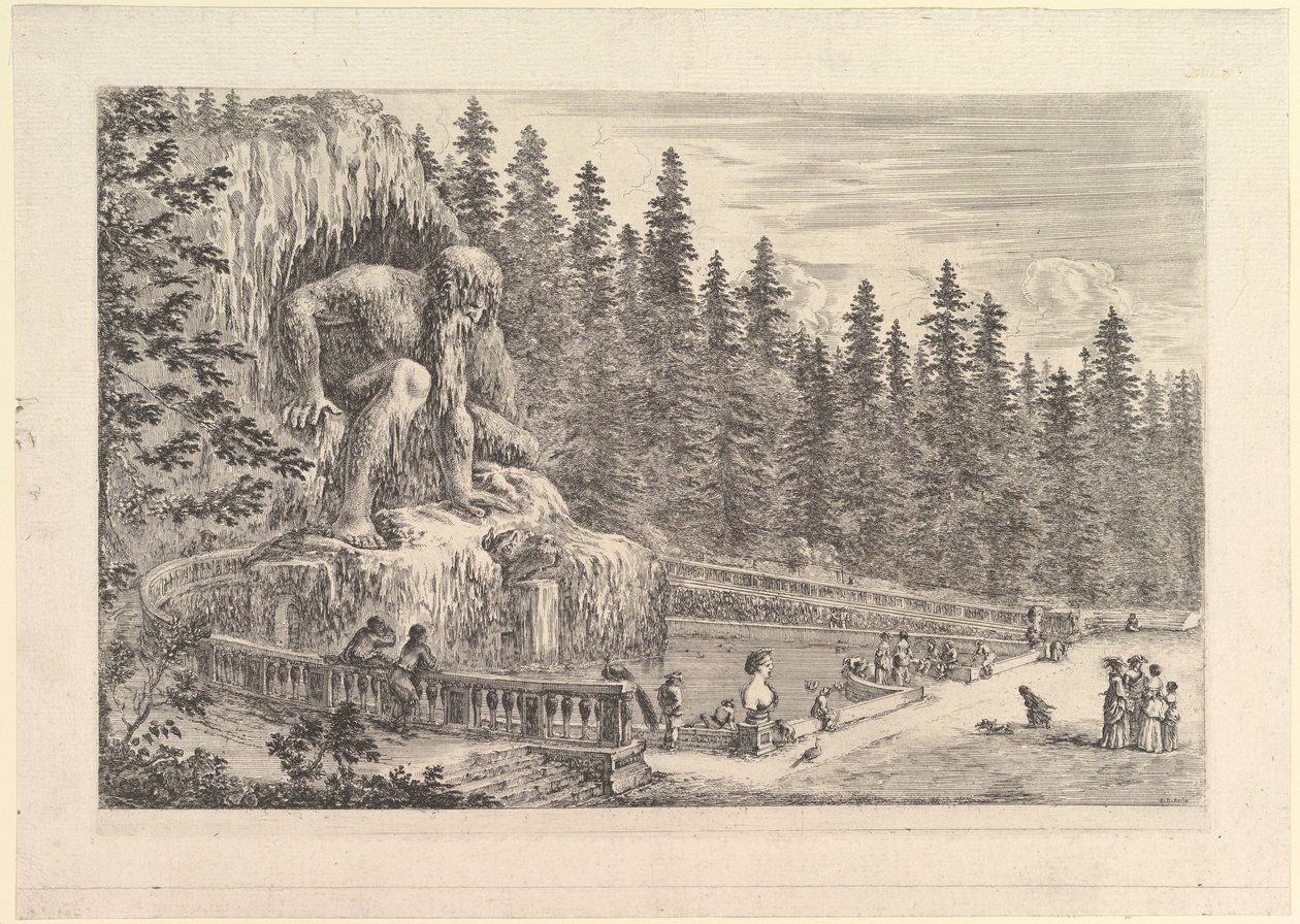 Estatua colosal del Apenino por Giambologna a la izquierda, representada como un gigante agachado, ca. 1653 de Stefano della Bella