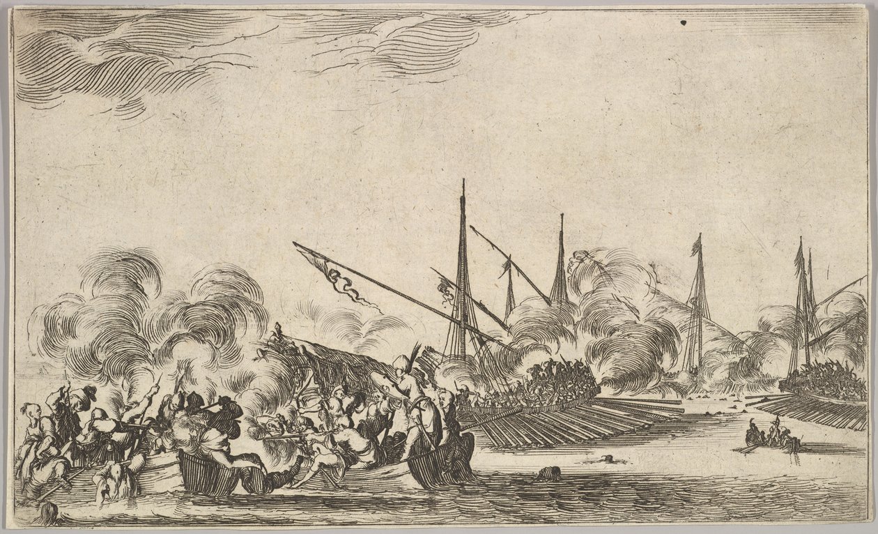 Combate entre varias lanchas y barcos, dos grupos de hombres en lanchas luchando a la izquierda de Stefano della Bella